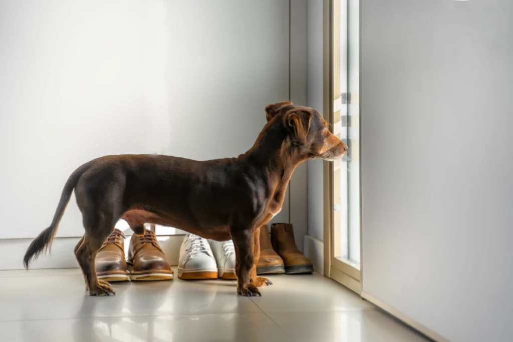 Ein kleiner brauner Hund steht am Fenster und schaut hinaus, mit Schuhen im Hintergrund